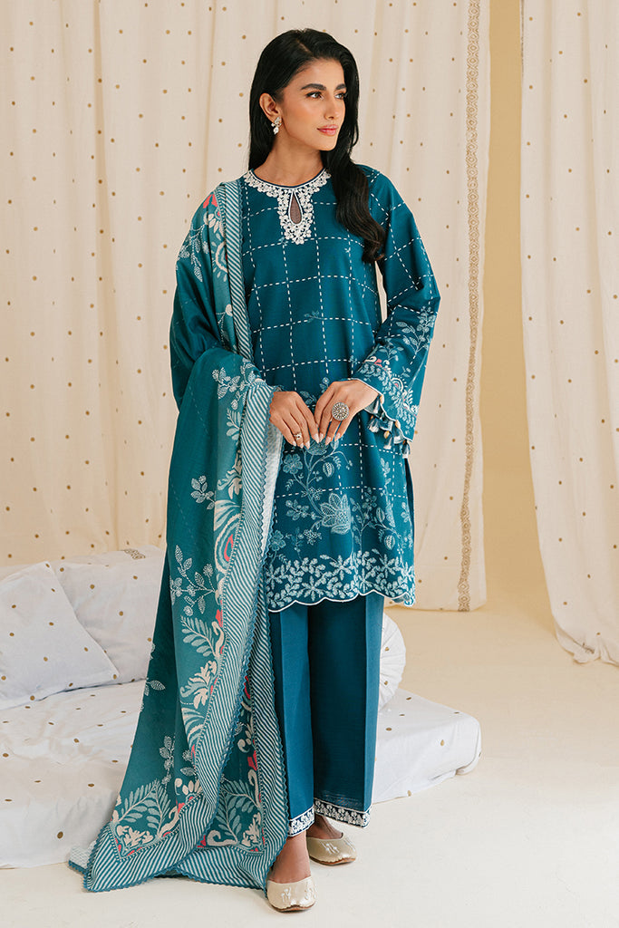 TEAL LATTICE-3PC KHADDAR PRINTED SUIT