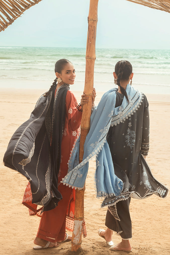 3 Pc Unstitched Suit - Chiffon Tangerine hand Embroidered Beaded Kurta with Lining ,Dupatta and Bottom