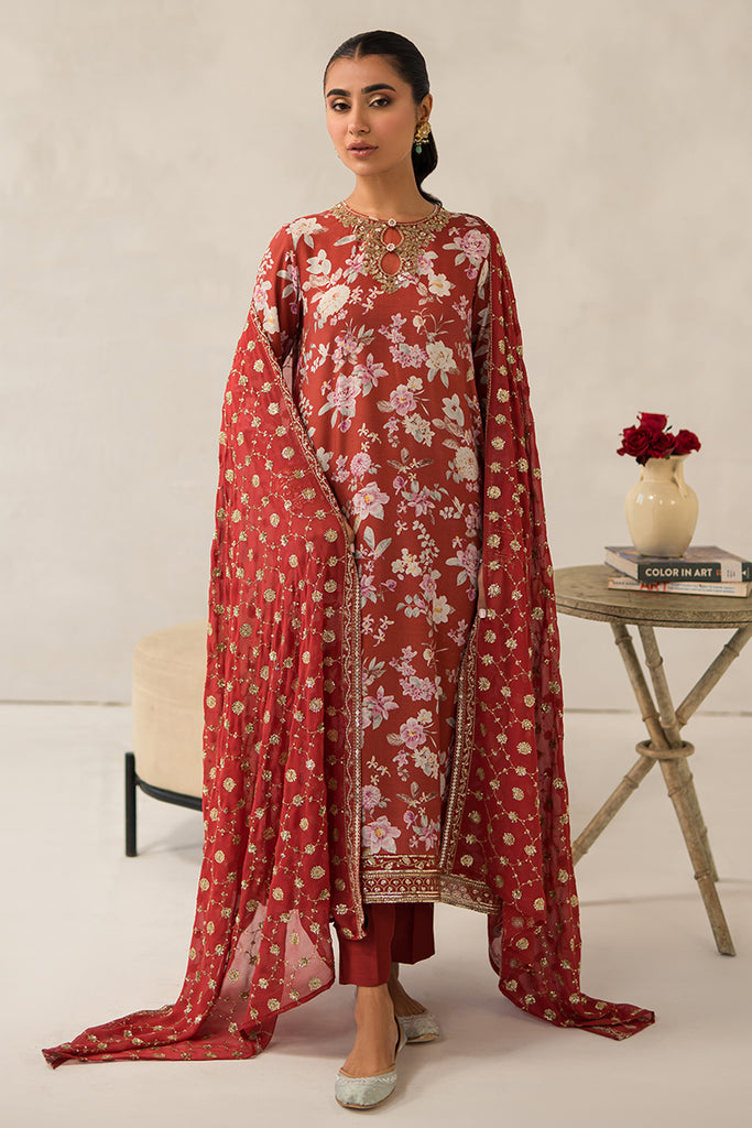 CRIMSON GLOW-3 PIECE EMBROIDERED SILK SUIT