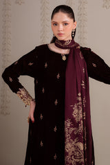 ROYAL PLUM-3PC VELVET EMBROIDERED SUIT