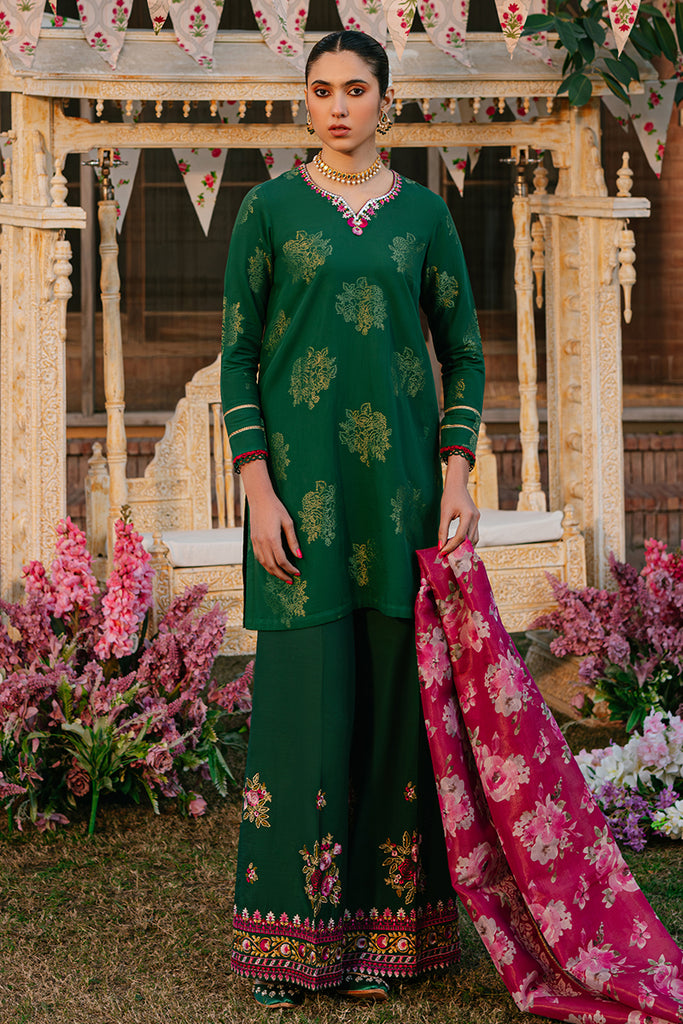 OPULENT GREEN-3 PIECE EMBROIDERED JACQUARD SUIT