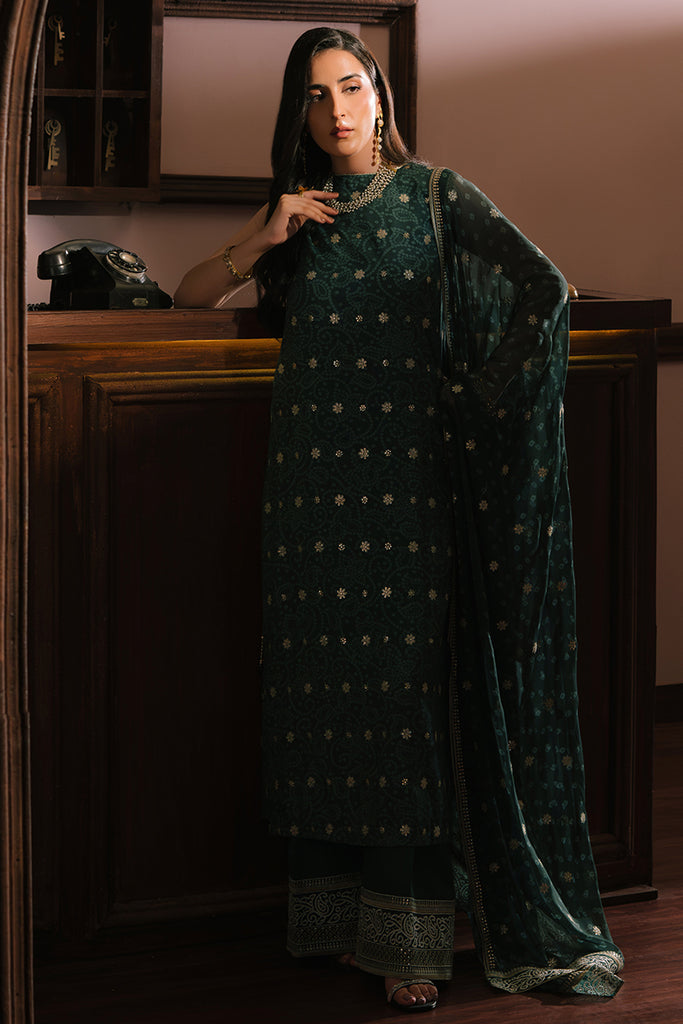 Emerald Majesty Real Georgette Heavy Embroidered Dress with Handcrafted Mirror Work