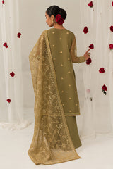 OLIVE GLEAM-4 PIECE EMBROIDERED ORGANZA SUIT