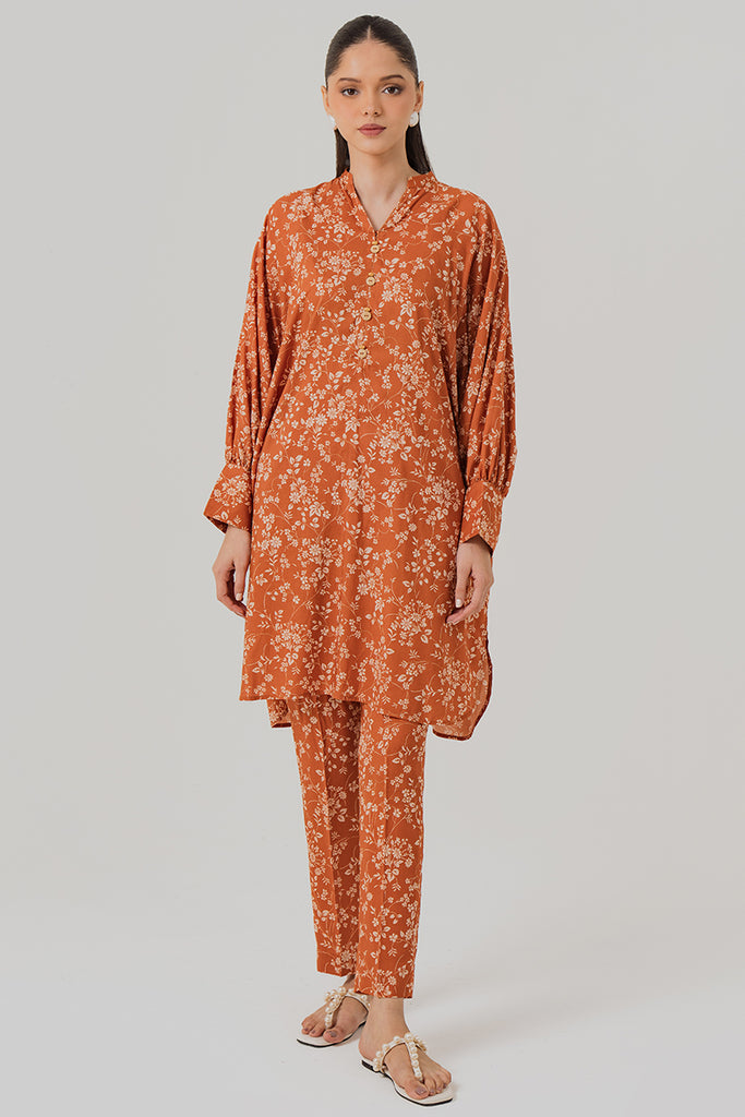 RUST FLORA-2 PIECE LINEN PRINTED SUIT