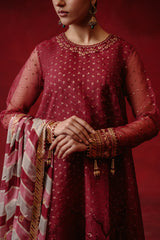 RED OCHRE-4 PIECE ORGANZA EMBROIDERED SUIT