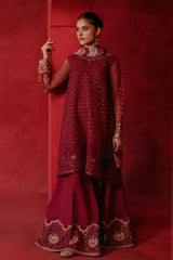 RED OCHRE-4 PIECE ORGANZA EMBROIDERED SUIT