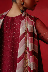 RED OCHRE-4 PIECE ORGANZA EMBROIDERED SUIT