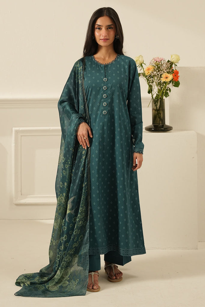 TEAL DEW-3 PC PRINTED LAWN SUIT