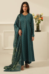 TEAL DEW-3 PC PRINTED LAWN SUIT