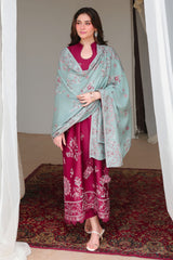 VERMILLION WOOD-3PC SATIN EMBROIDERED SUIT