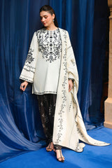 IVORY NOIR-3PC SATIN PRINTED SUIT
