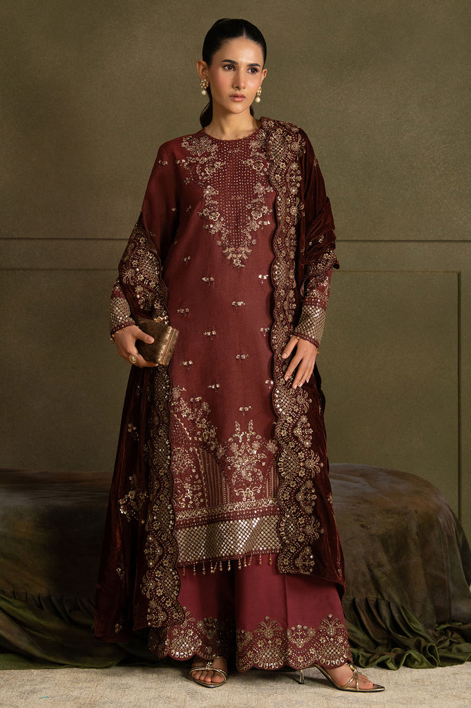 VELVET ROUGE-3PC  FANCY YARN EMBROIDERED SUIT