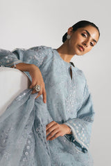SILVER AQUA-3PC EMBROIDERED ORGANZA SUIT
