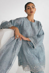 SILVER AQUA-3PC EMBROIDERED ORGANZA SUIT