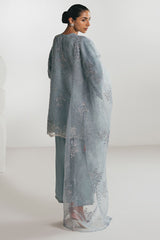 SILVER AQUA-3PC EMBROIDERED ORGANZA SUIT
