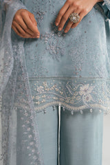 SILVER AQUA-3PC EMBROIDERED ORGANZA SUIT