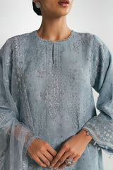SILVER AQUA-3PC EMBROIDERED ORGANZA SUIT