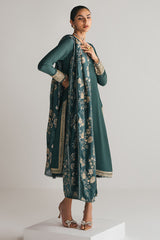 EMERALD GREEN-3PC EMBROIDERED SILK SUIT