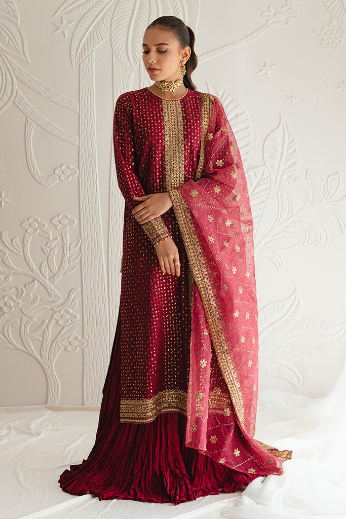 CARMINE GLOW-3PC SILK EMBROIDERED SUIT