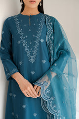 GLAZED CERULEAN-3PC EMBROIDERED LAWN SUIT